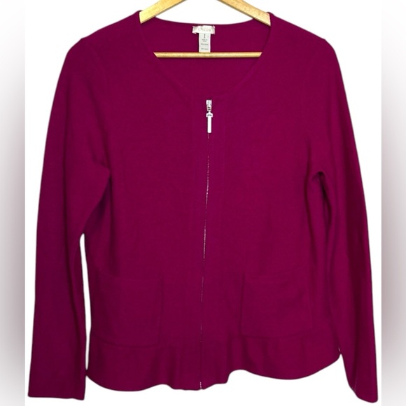 Chico’s Women’s Wool Ruffle Hem Renee Cardigan Zip Sweater Pockets Magenta Pink - Picture 1 of 6